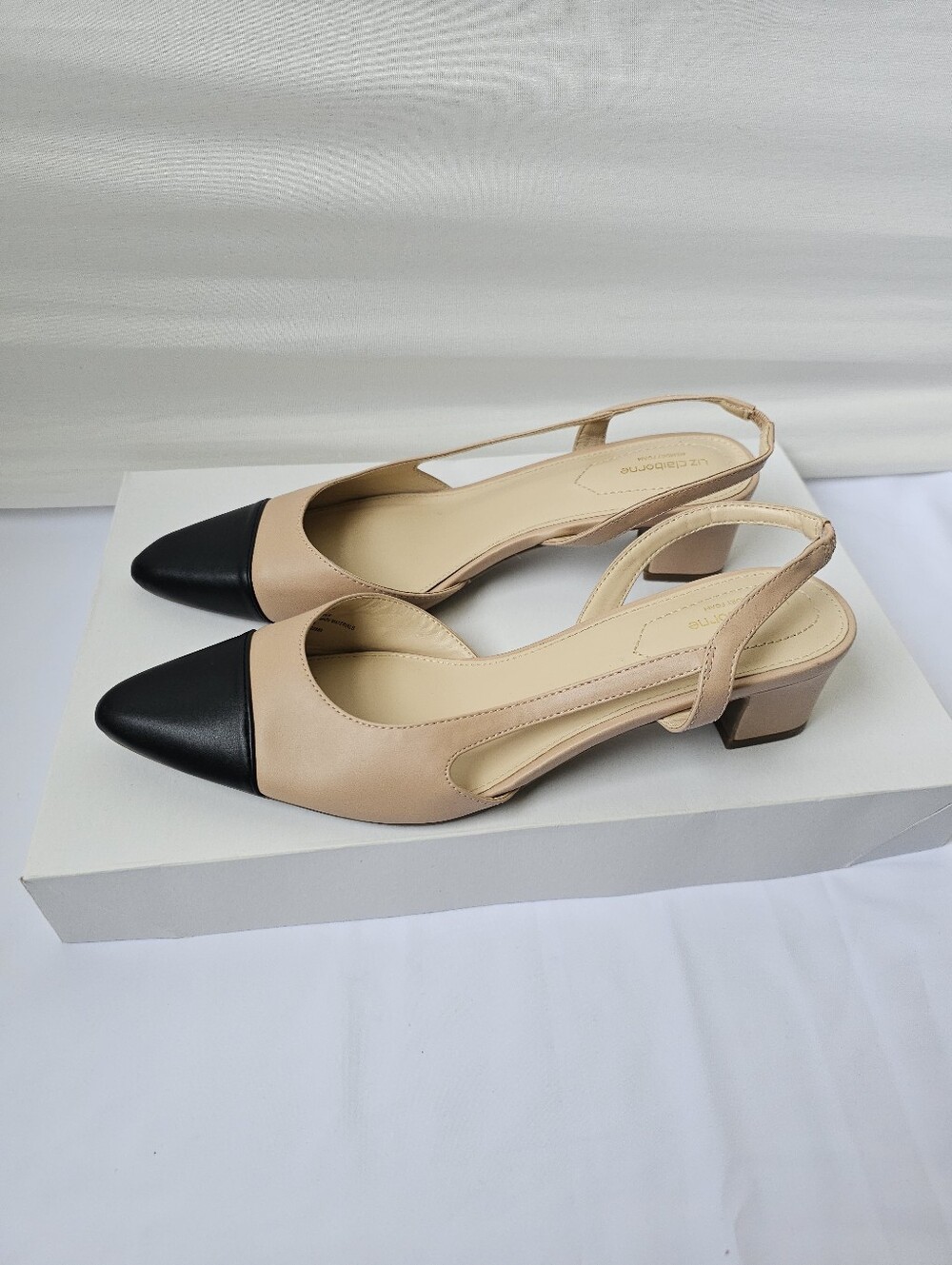Two-Tone Slingback Pointed Toe Pumps in Beige and Black - Picture 8 of 16